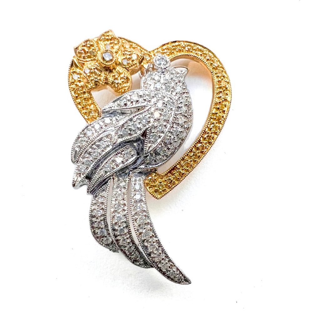 Vintage Diamond 18k Two Tone Gold Bird Brooch Pin